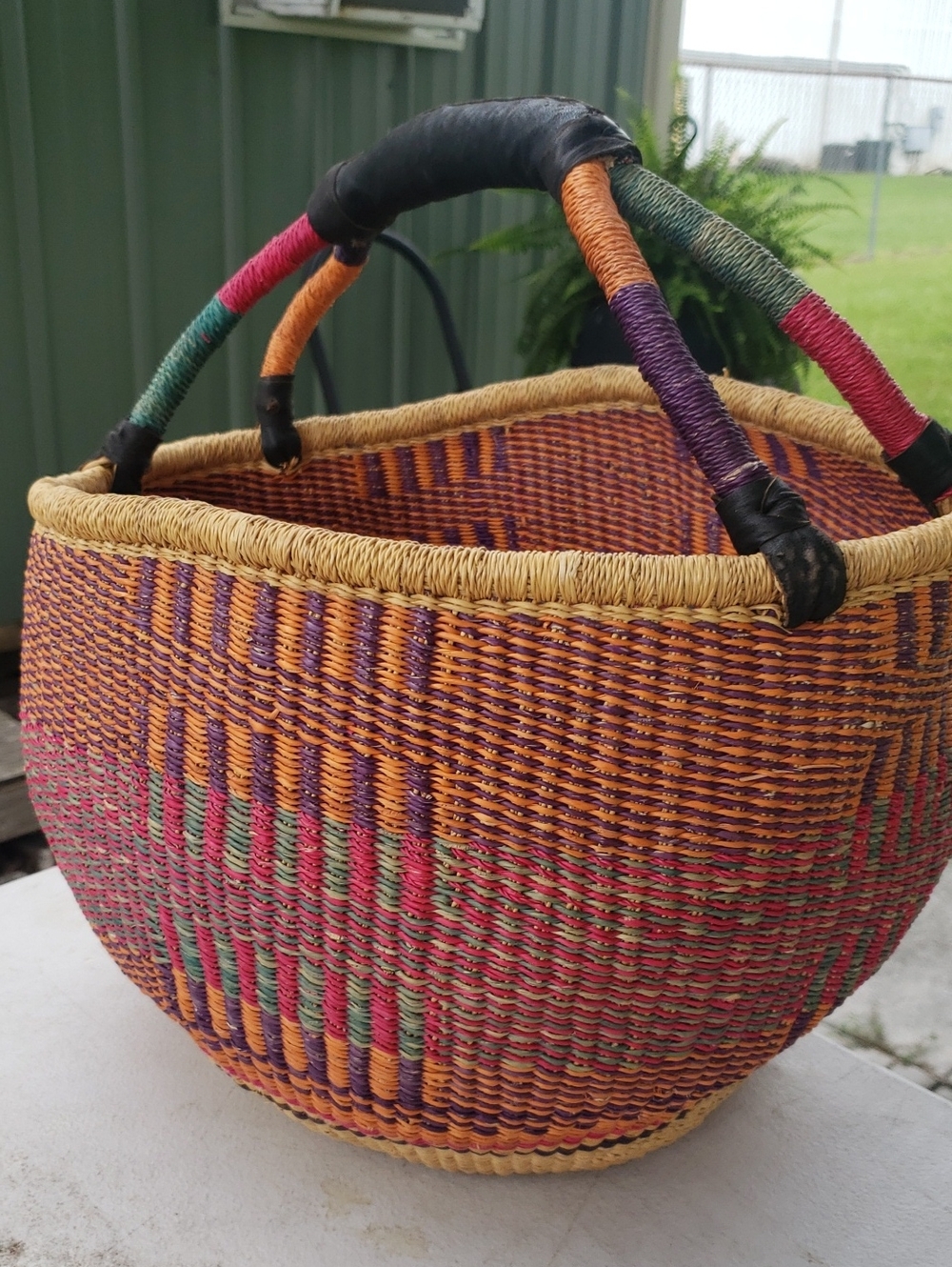 Vibrant Handwoven Bolga Market Basket with Wrapped Handles